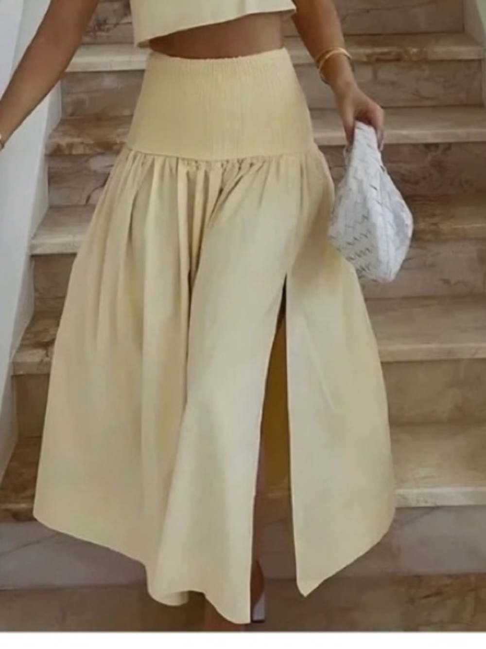 Commense Poplin Pull-On Smocked Slit Pleated A-Line Midi Skirt Yellow Medium